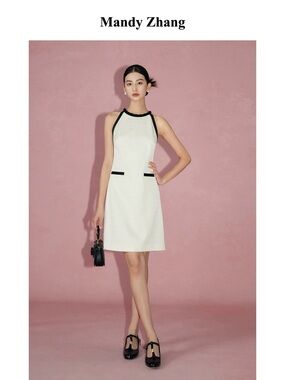 White Sleeveless Shift Dress with Black Trim